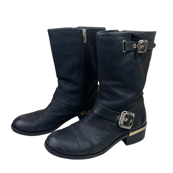 Vince Camuto Windy Short Leather Boots Block Heel Gold Hardware Black Size 9